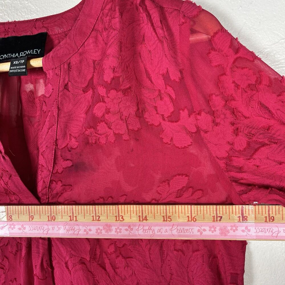 Cynthia Rowley Sheer Floral Burnout Blouse XS Berry Red Silk Blend Long Sleeve - Picture 11 of 13